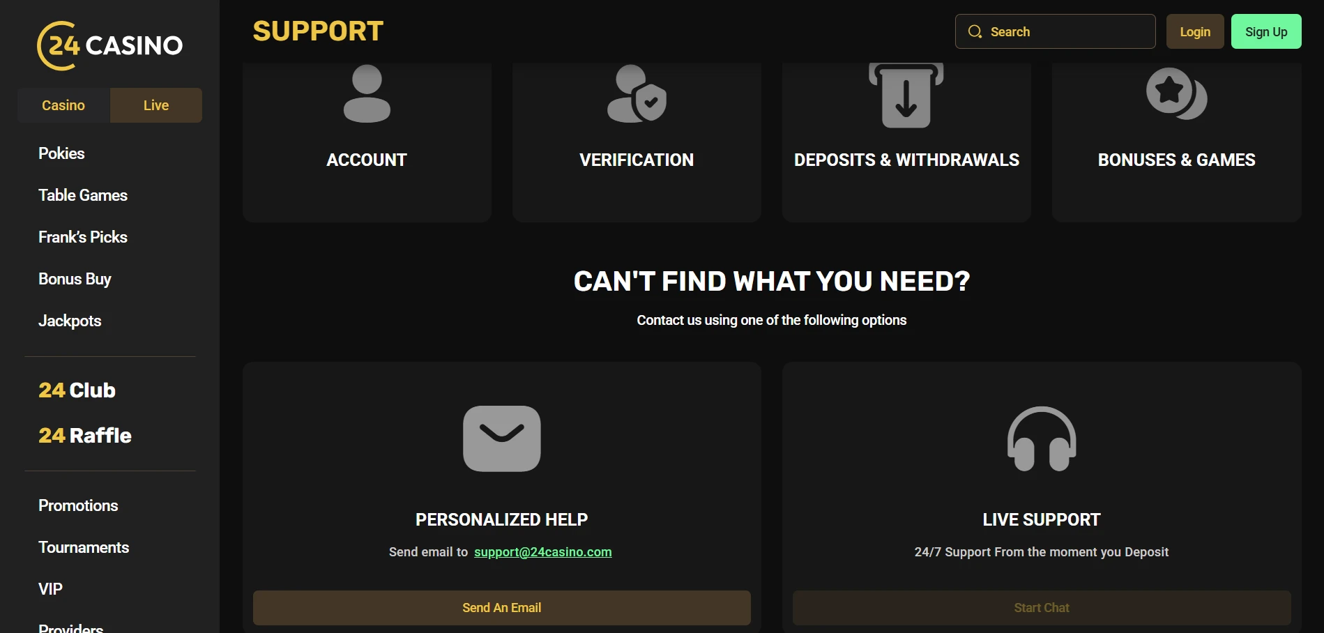 24Casino support page with Account, Verification, Deposits and Withdrawals, Bonuses and Games categories, email option and Start Chat button