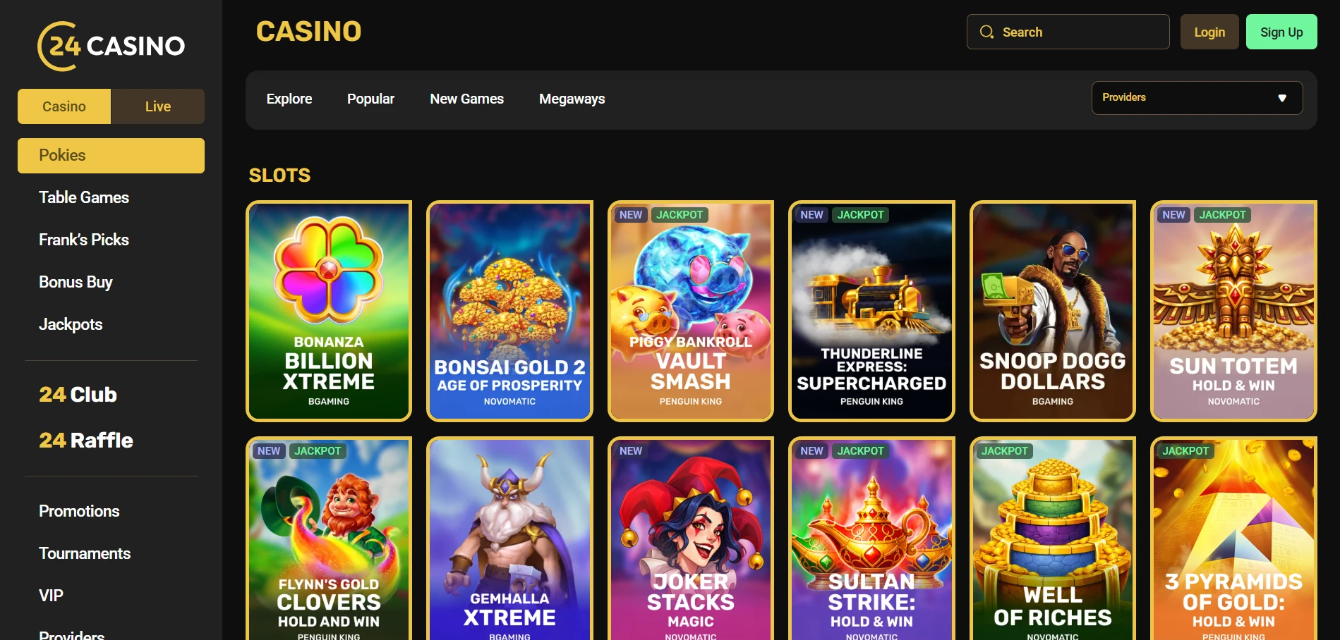 24Casino pokies lobby with Explore, Popular, New Games and Megaways tabs and game tiles from BGaming, Penguin King and Novomatic